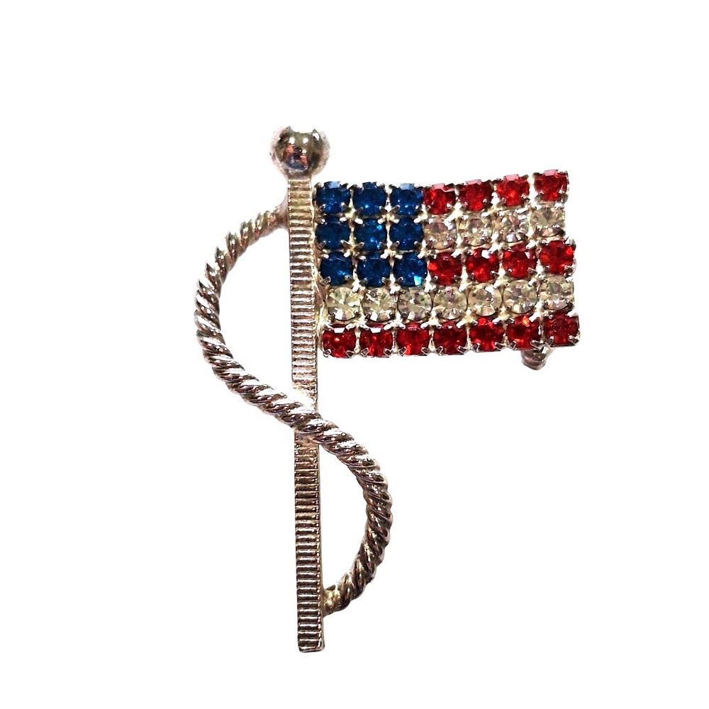 Vintage Rhinestone American Flag Brooch Silver Tone Patriotic USA Red White Blue